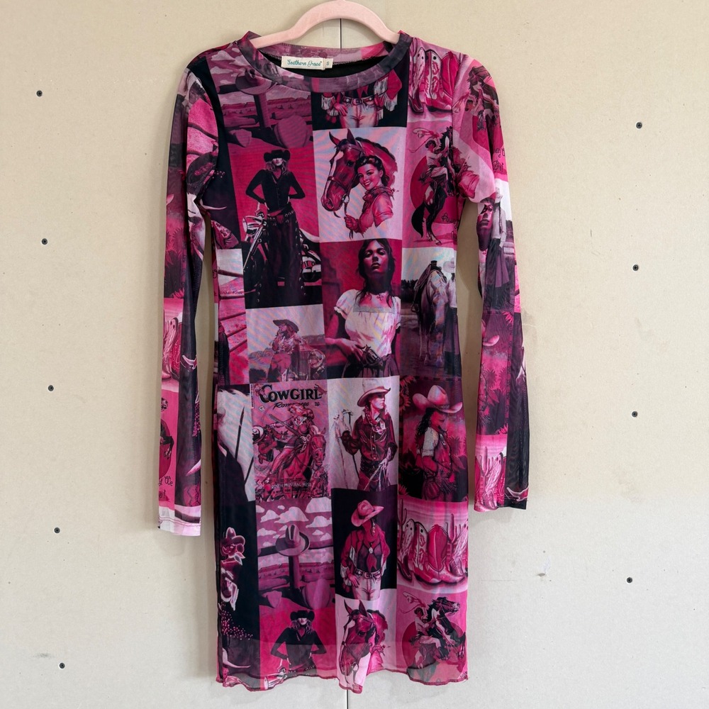 Southern Grace Pink Cowgirl Graphic Mesh Mini Dress Long Sleeve Western Small